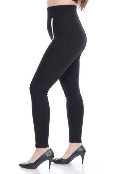 Kadın Siyah Beli Lastikli Önü Beyaz Şeritli Toparlayıcı Tayt indirimleri