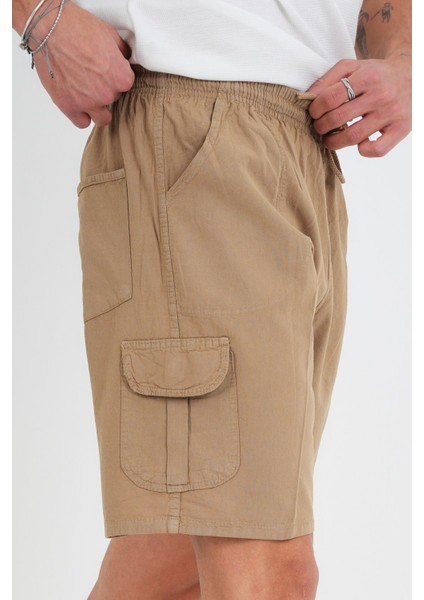 Yazlık Keten Görünümlü Kargo Cep Lastikli, Bol Kesim Toprak Renk Şort 201-37