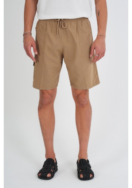 Yazlık Keten Görünümlü Kargo Cep Lastikli, Bol Kesim Toprak Renk Şort 201-37 fiyatları