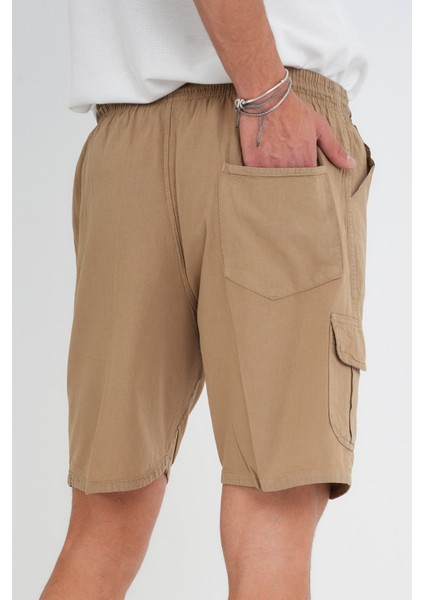 Yazlık Keten Görünümlü Kargo Cep Lastikli, Bol Kesim Toprak Renk Şort 201-37 modelleri