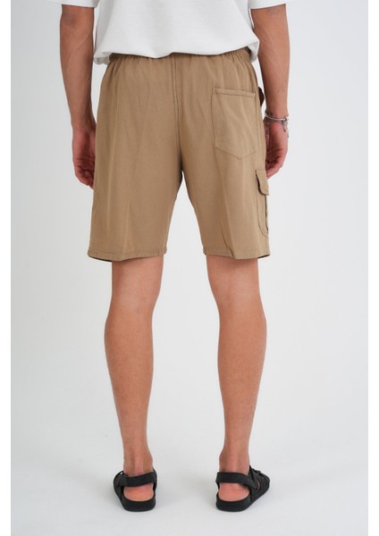 Yazlık Keten Görünümlü Kargo Cep Lastikli, Bol Kesim Toprak Renk Şort 201-37 fırsatları