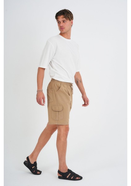 Yazlık Keten Görünümlü Kargo Cep Lastikli, Bol Kesim Toprak Renk Şort 201-37 indirimleri