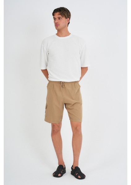 Yazlık Keten Görünümlü Kargo Cep Lastikli, Bol Kesim Toprak Renk Şort 201-37