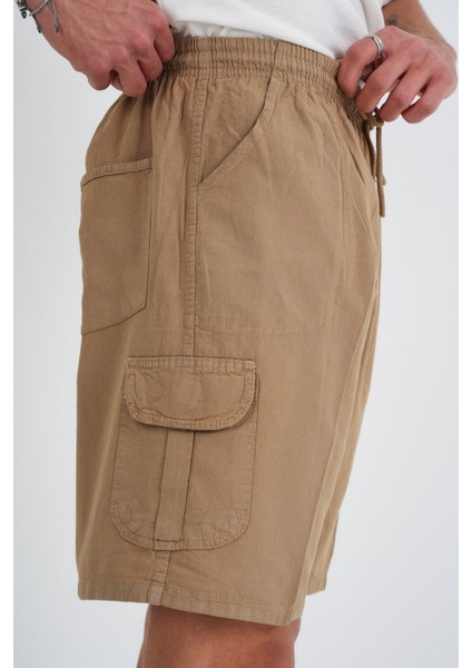 Yazlık Keten Görünümlü Kargo Cep Lastikli, Bol Kesim Toprak Renk Şort 201-37