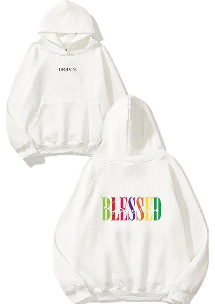 Blessed Renkli Tasarım Baskılı Oversize Beyaz Kapüşonlu Sweatshirt