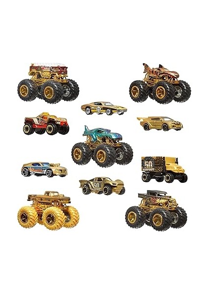 Wheels® Monster Trucks Bigfoot Trophy Şampiyonları Araba ve Kamyon Çoklu Arabalar, Metal Bigfoot, 5-Alarm, Bone Shaker, Mega-Wrex, Tiger Shark ve 6 Araba, JDW07 modelleri