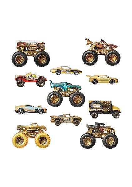 Wheels® Monster Trucks Bigfoot Trophy Şampiyonları Araba ve Kamyon Çoklu Arabalar, Metal Bigfoot, 5-Alarm, Bone Shaker, Mega-Wrex, Tiger Shark ve 6 Araba, JDW07 fırsatları