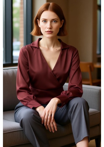 Kadın Kruvaze Kapamalı Saten Dokuma Bluz Fitted Kesim Kaliteli Şık Rahat Modern Zarif Günlük