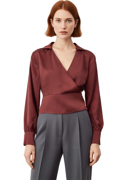 Kadın Kruvaze Kapamalı Saten Dokuma Bluz Fitted Kesim Kaliteli Şık Rahat Modern Zarif Günlük fiyatları