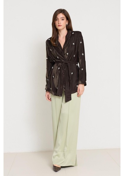 Haki Taş ve Yaka Detaylı Bağlamalı Ceket