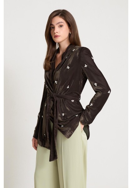 Haki Taş ve Yaka Detaylı Bağlamalı Ceket fiyatları