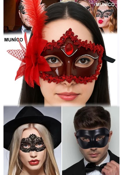 Kırmızı Mat Maske – 16X22 Cm, Tüylü ve Güllü Tasarım | Özel Davetler ve Fotoğraf Çekimi Için modelleri