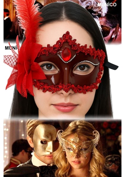 Kırmızı Mat Maske – 16X22 Cm, Tüylü ve Güllü Tasarım | Özel Davetler ve Fotoğraf Çekimi Için indirimleri