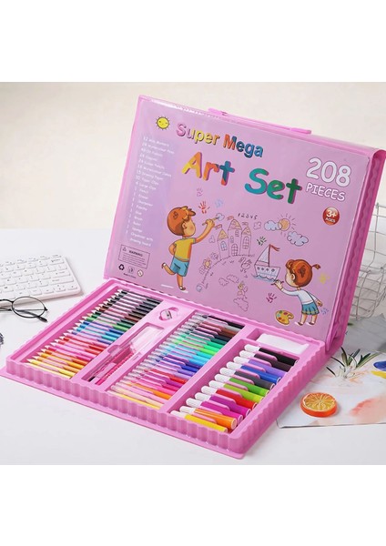 208 Parça Çocuk Boyama Seti Hediye Takımı Fırça Seti Pastel Boya (Pembe)