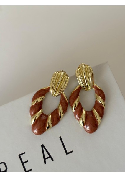 Vintage Şerit Damla Kahverengi Gold Pirinç Küpe modelleri