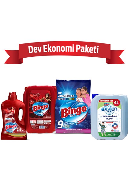 "Dev Ekonomi Paketi ; Bingo Matik 9 kg Sık Yıkananlar + Bingo Soft 5 ltLovely + Bingo Fresh 2,5 lt Lovely + Bingo Oksijen Çam"