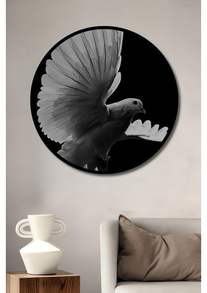 Dekoratif Ahşap Yuvarlak Çerçeve Görünümlü Tablo Uçan Güvercin
