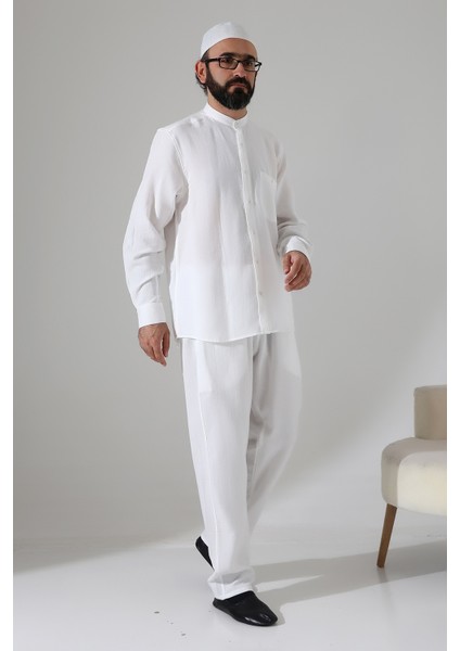 Erkek Müslin Hakim Yaka Cepli Gömlek Pantolon Ikili Takım, Hac Umre Kıyafeti - Beyaz (Ans) fiyatları