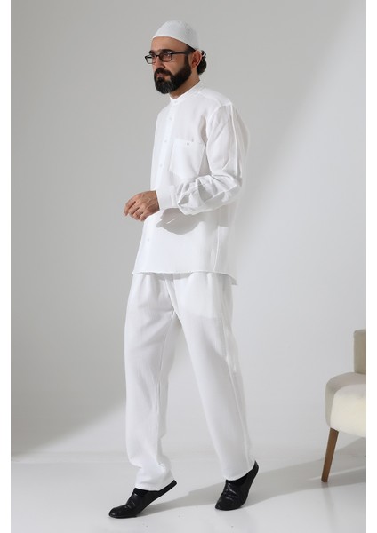 Erkek Müslin Hakim Yaka Cepli Gömlek Pantolon Ikili Takım, Hac Umre Kıyafeti - Beyaz (Ans) indirimleri