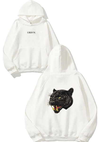 Panter Yüz Tasarım Baskılı Oversize Beyaz Kapüşonlu Sweatshirt