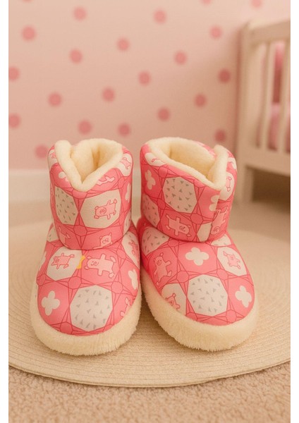 Bebek & Çocuk Kaydırmaz Eva Tabanlı Ev Botu / Panduf / Kışlık Peluş Bot / Kız Baskı Desenli