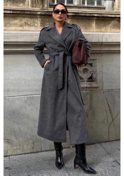 Apolet Detaylı Çıt Çıt Kapamalı Oversize Moher Kaban Antrasit 3147