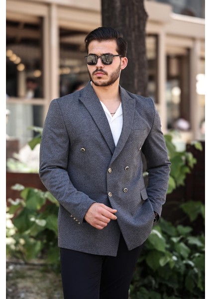 Erkek Slim Fit Penye Kumaş Kruvaze Ceket
