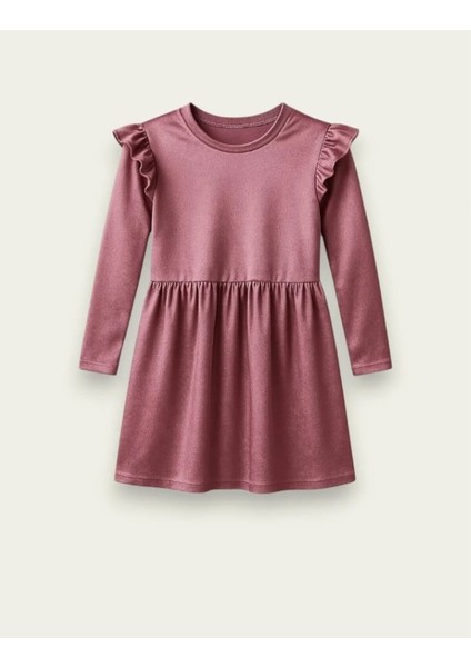 Kız Çocuk Uzun Kollu Fırfır Detaylı Kadife Elbise