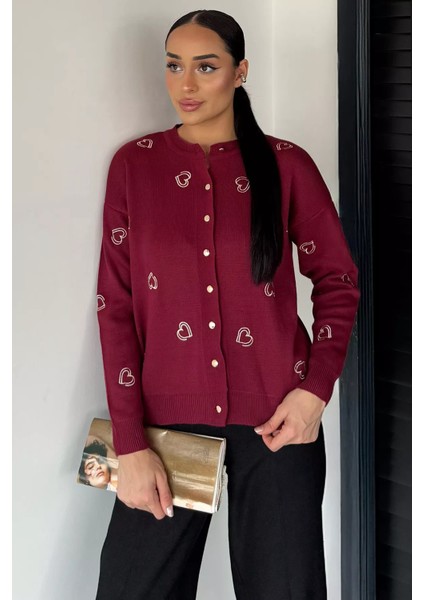 Kalp Nakışlı Kadın Triko Hırka (S-M-L Uyumludur) P-00018884