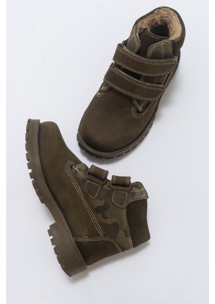 Erkek Çocuk Haki Hakiki Deri Suya Dayanıklı Anatomik Günlük Bot