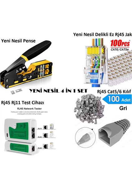 Yeni Nesil RJ45 Sıkma Pensesi RJ45 Test Cihazı 100 Adet Cover 100 Adet Yeni Nesil Ez 8PC8C Utp Jak Set 4'in 1 Network Aksesuarları