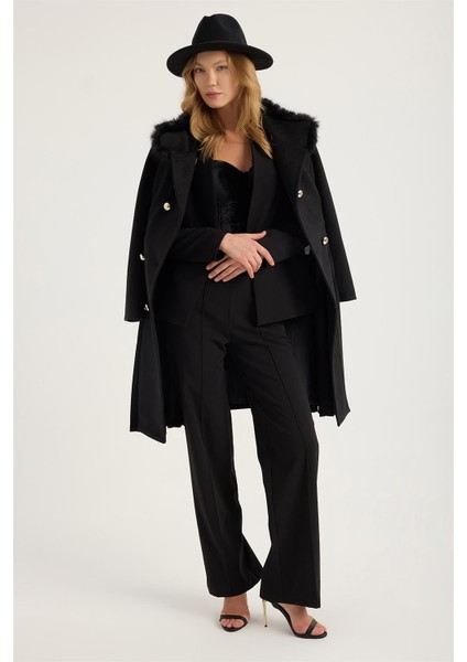 Dik Yaka Kürklü 8 Düğme Pliseli Kaban fırsatları