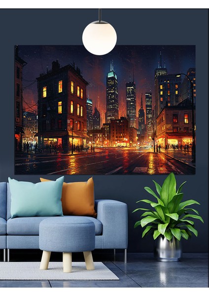 Şehirde Gece Manzarası Gökdelenler Dekoratif Kanvas - Mdf Ahşap Tablo