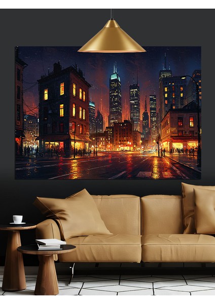Şehirde Gece Manzarası Gökdelenler Dekoratif Kanvas - Mdf Ahşap Tablo fiyatları