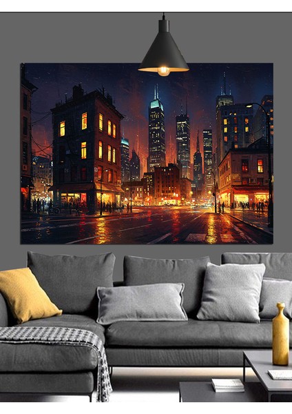 Şehirde Gece Manzarası Gökdelenler Dekoratif Kanvas - Mdf Ahşap Tablo modelleri