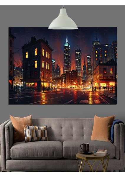 Şehirde Gece Manzarası Gökdelenler Dekoratif Kanvas - Mdf Ahşap Tablo fırsatları