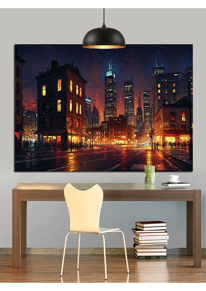 Şehirde Gece Manzarası Gökdelenler Dekoratif Kanvas - Mdf Ahşap Tablo indirimleri