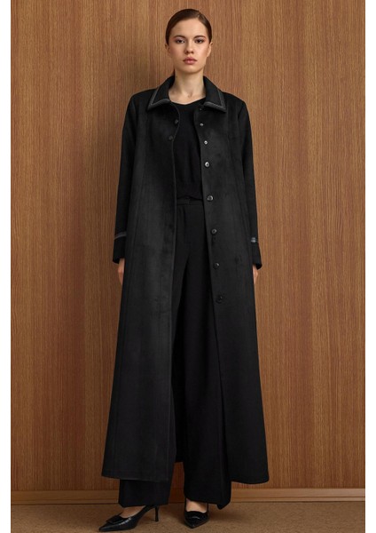 Gömlek Yaka Deri ve Işleme Detaylı Süet Görünümlü Büyük Beden Pardesü Siyah 6798
