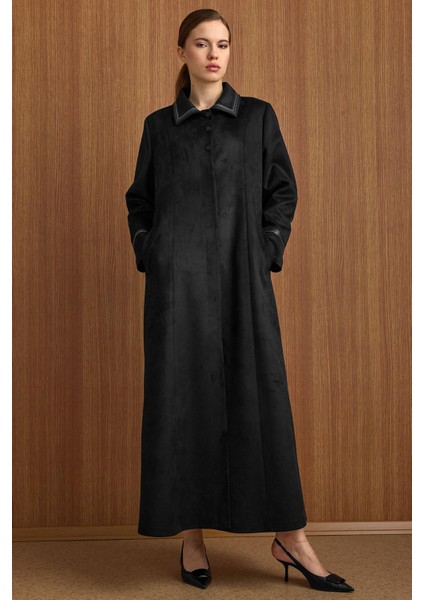 Gömlek Yaka Deri ve Işleme Detaylı Süet Görünümlü Büyük Beden Pardesü Siyah 6798 fiyatları