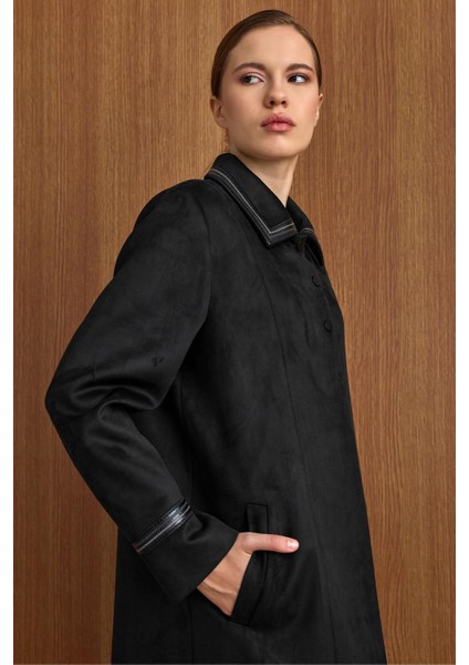 Gömlek Yaka Deri ve Işleme Detaylı Süet Görünümlü Büyük Beden Pardesü Siyah 6798 modelleri