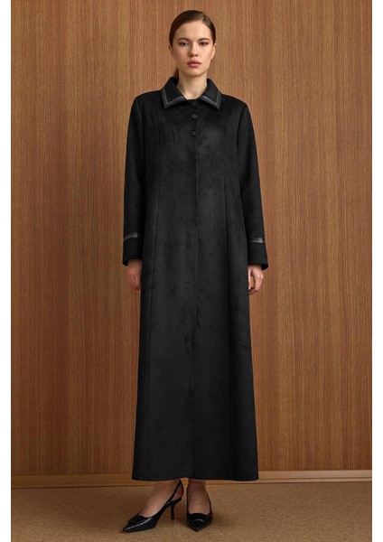 Gömlek Yaka Deri ve Işleme Detaylı Süet Görünümlü Büyük Beden Pardesü Siyah 6798 fırsatları