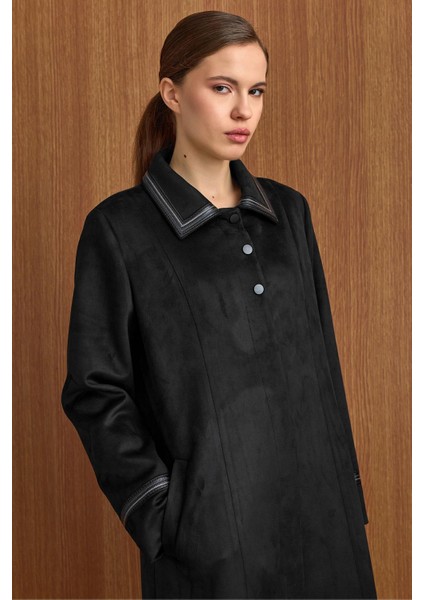 Gömlek Yaka Deri ve Işleme Detaylı Süet Görünümlü Büyük Beden Pardesü Siyah 6798 indirimleri