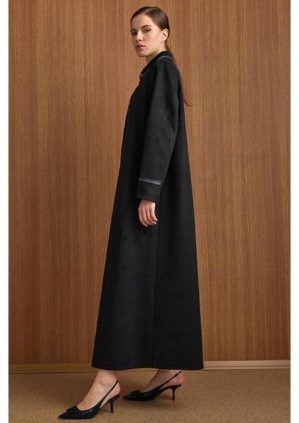 Gömlek Yaka Deri ve Işleme Detaylı Süet Görünümlü Büyük Beden Pardesü Siyah 6798