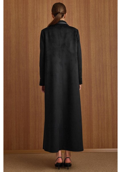 Gömlek Yaka Deri ve Işleme Detaylı Süet Görünümlü Büyük Beden Pardesü Siyah 6798