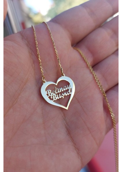 925 Ayar Gümüş 24 Ayar Altın Kaplama 2 Isimli Kalpli Kolye