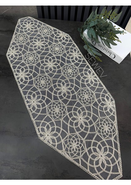 Simli Runner Masa Örtüsü Sehpa Örtüsü (Sütlü Kahve)