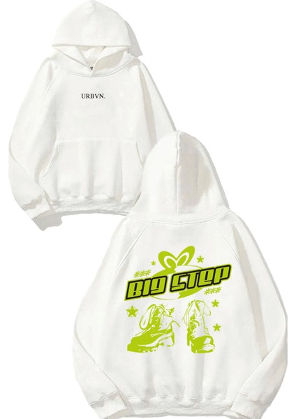 Big Step Tasarım Baskılı Oversize Beyaz Kapüşonlu Sweatshirt
