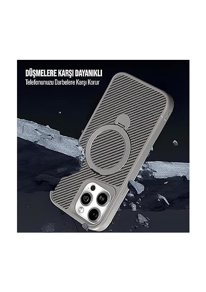 iPhone Karbon Fiber Materyal Stand Özellikli Lens Çerçeveli ve Sararmayan Güçlü Darbe Emici Premium Kılıf (Gümüş, iPhone 14 Pro Max) modelleri