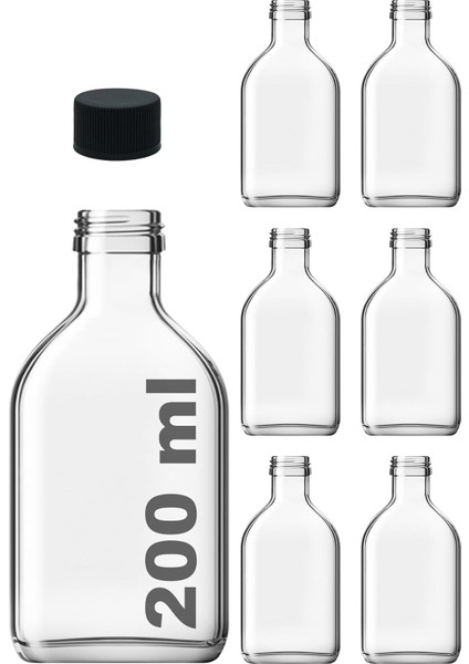 200 cc Kapaklı Cold Şişesi 200 ml Yassı Soğuk Kahve Cam Şişe 6 Adet (Siyah (Plastik))