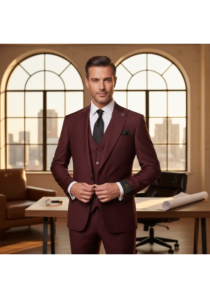 Erkek Takım Elbise, Kırlangıç Yaka, Blazer, Slımfıt, Bordo